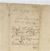 (MASSACHUSETTS.) Document signed by Stephen Sewell, clerk of the court in the Salem witch trials.